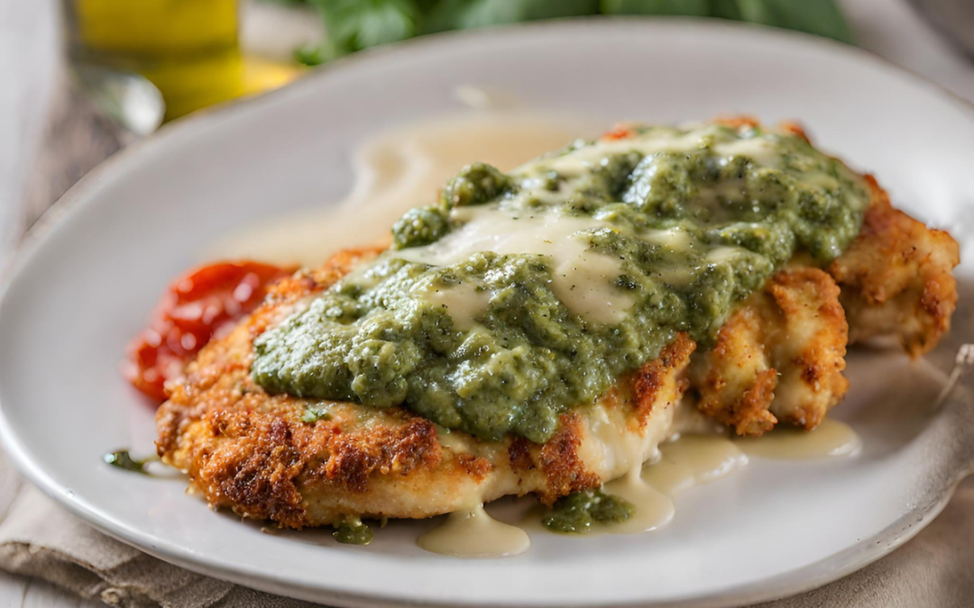 Parmesano de Pollo crujiente con Aceite de Oliva y Pesto rápido